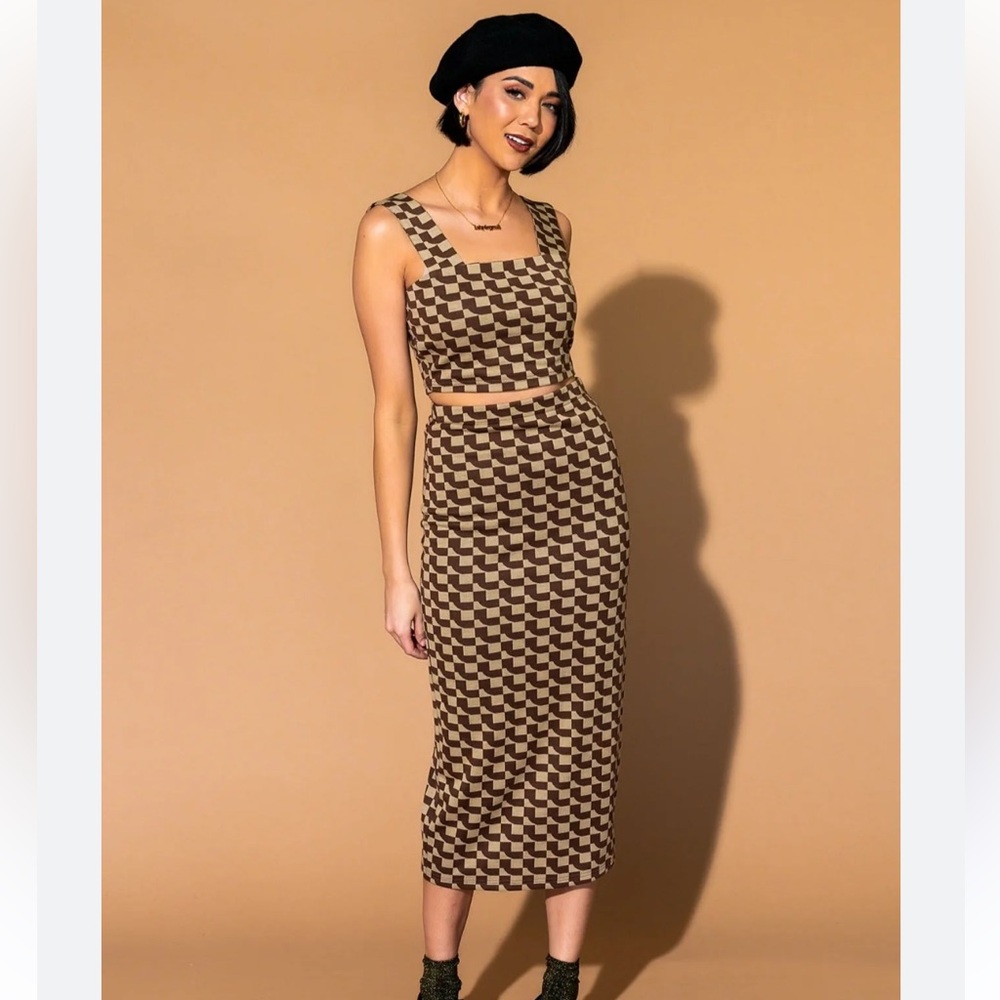 Dressed in LALA Brown & Beige Checker Knit Crop Tank and Midi Skirt Set